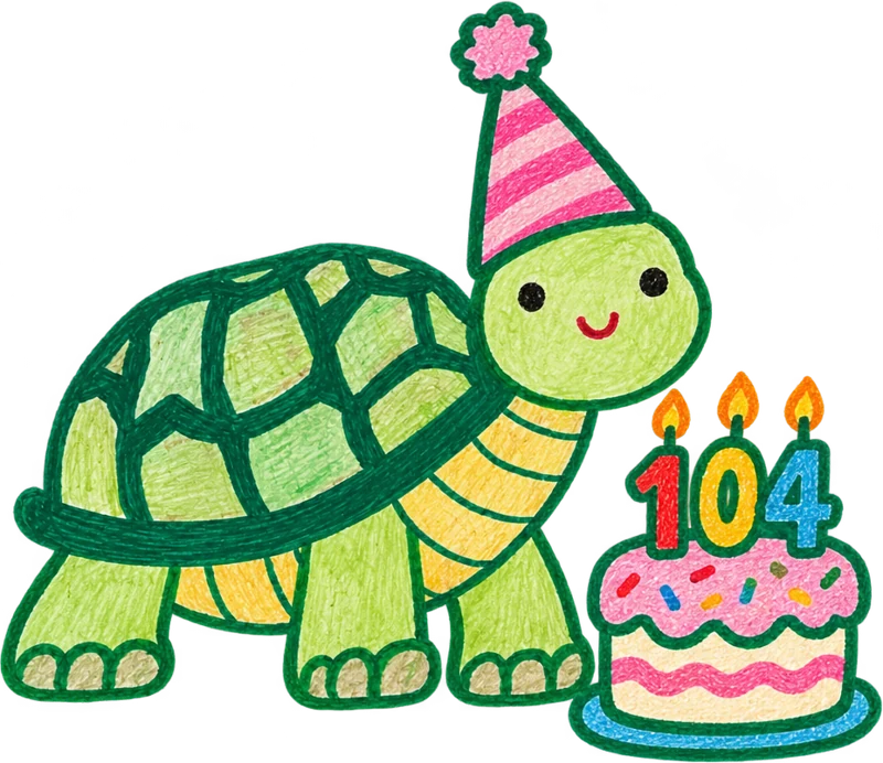 Gus in a party hat next to a 104 cake