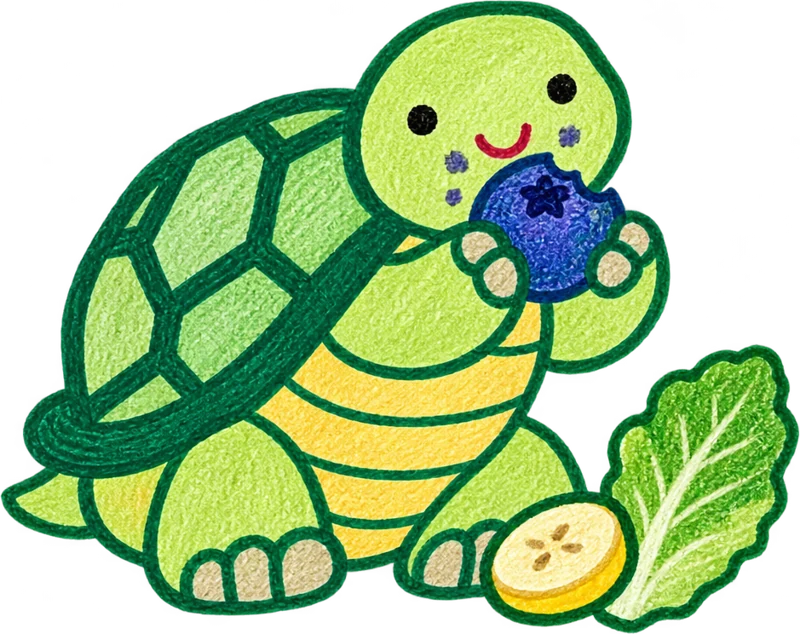 Gus eating a blueberry next to banana and lettuce